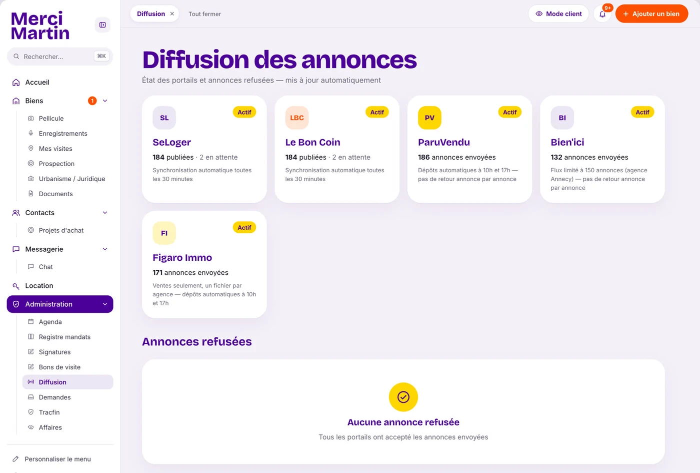 Écran « Diffusion des annonces » du logiciel immobilier Merci Martin, sur ordinateur