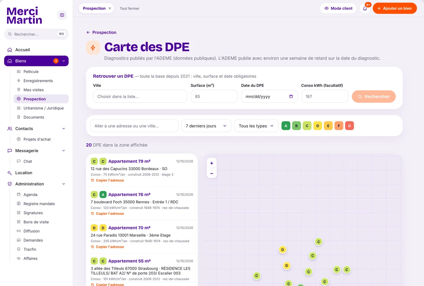 Écran « Carte des DPE » du logiciel immobilier Merci Martin, sur ordinateur