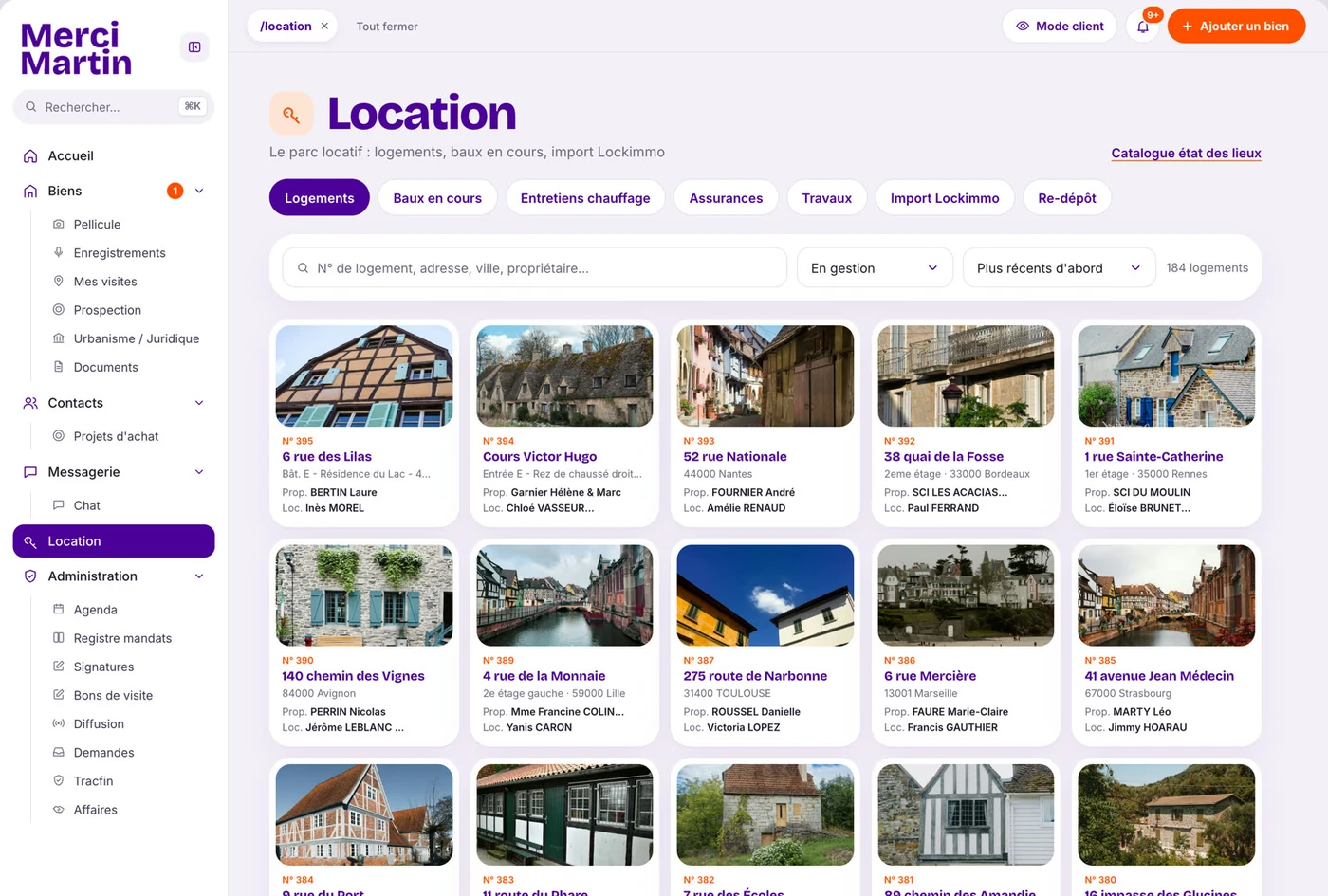 Écran « Location » du logiciel immobilier Merci Martin, sur ordinateur