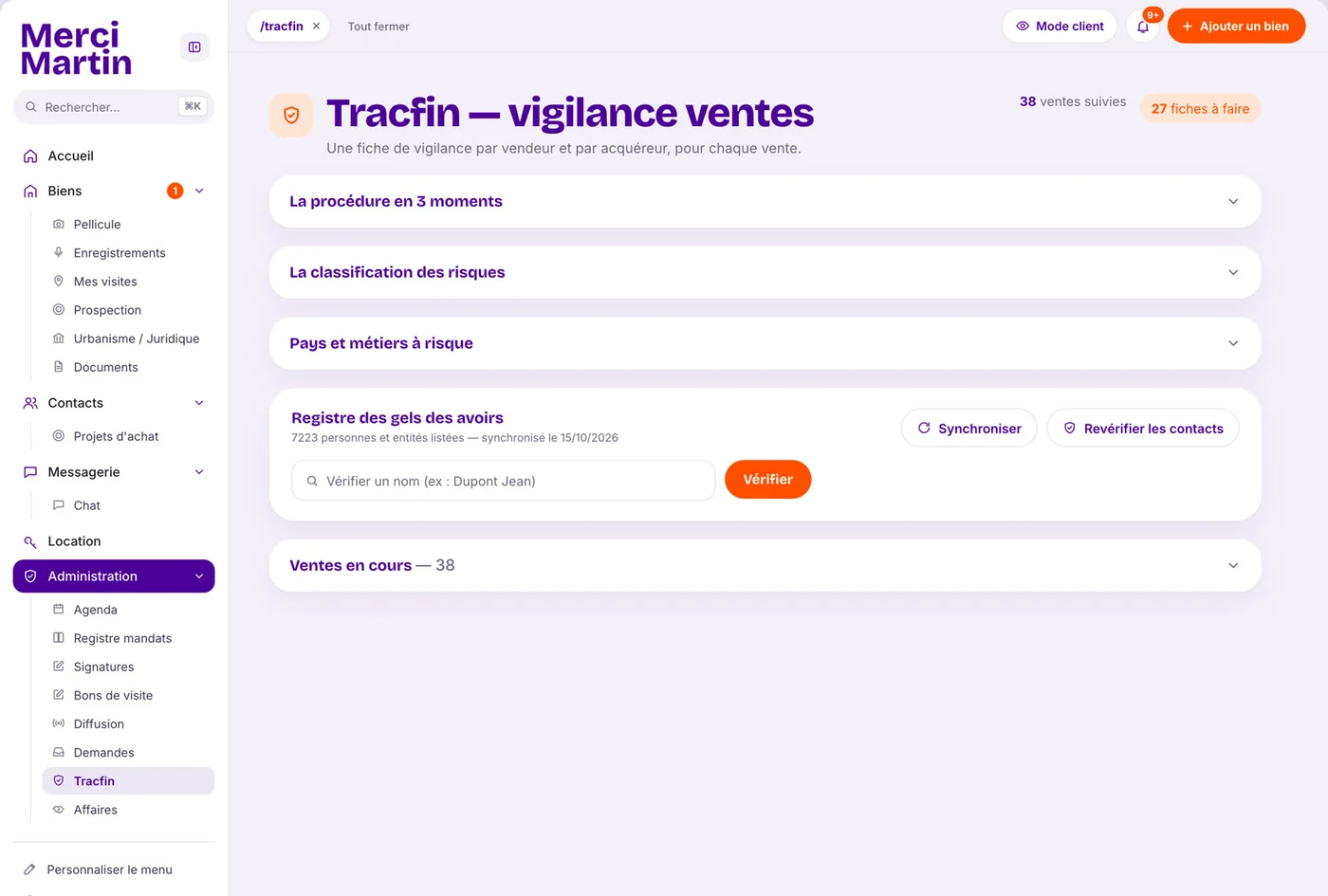 Écran « Tracfin » du logiciel immobilier Merci Martin, sur ordinateur