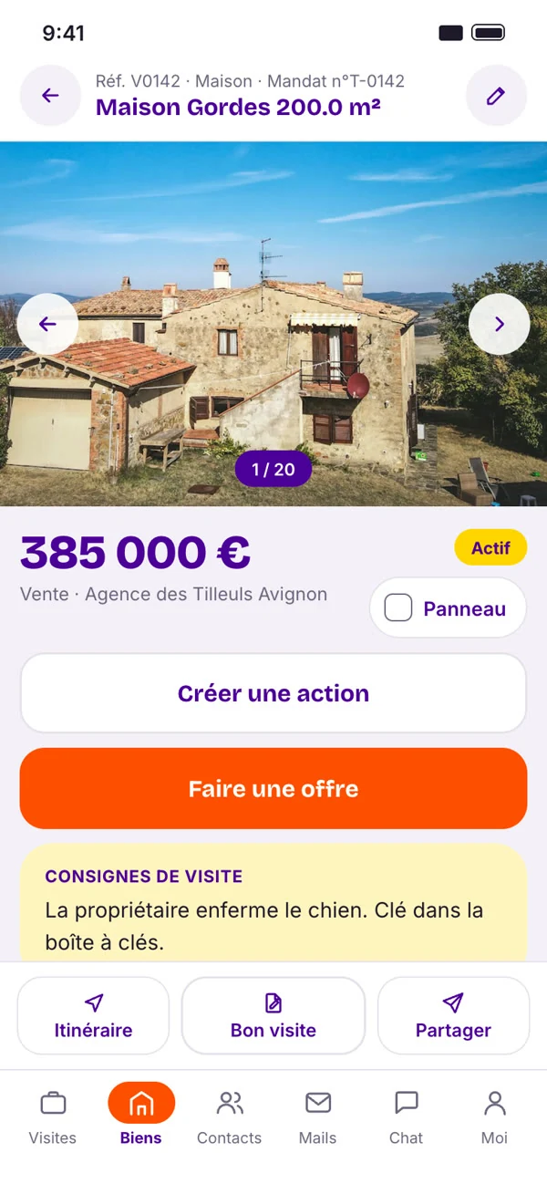 Fiche d’un bien dans l’application terrain Merci Martin, avec itinéraire et bon de visite