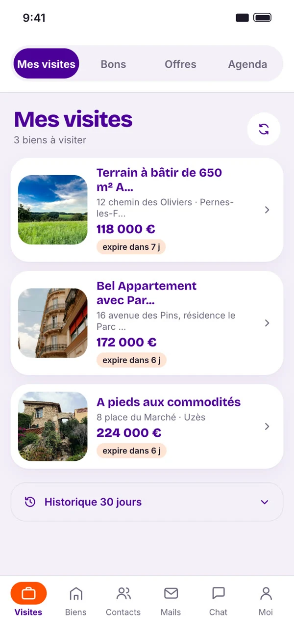 Liste des visites du jour dans l’application terrain Merci Martin, sur téléphone